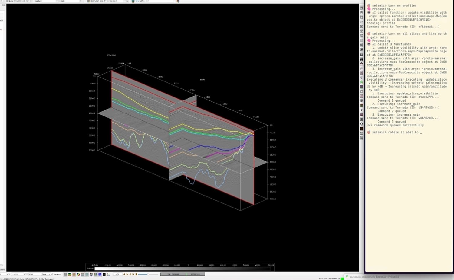 An interpreted 3D seismic volume in Tornado beside the SeisPilot voice console.